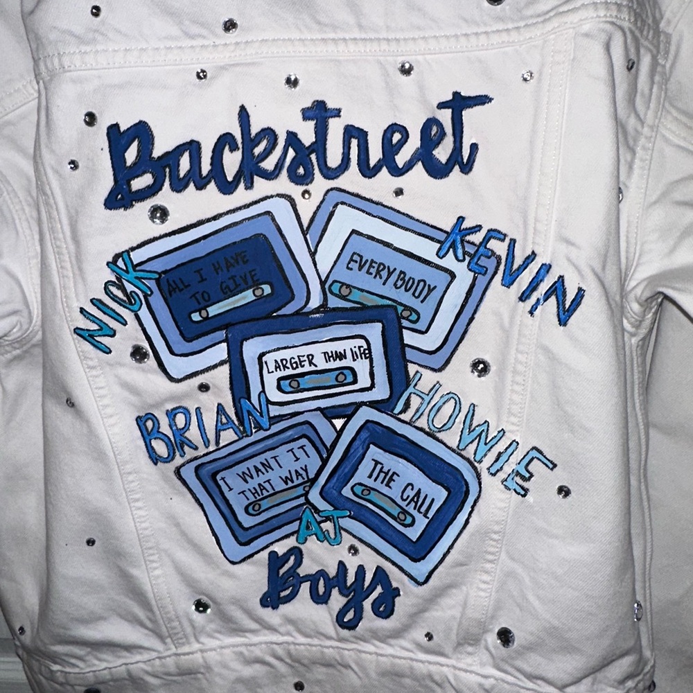 Old Navy White Jean Jacket with Blue Backstreet Boys Patchwork